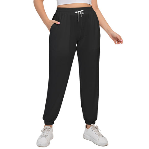 Black All-Over Print Women's Sports Trousers With Waist Drawstring (Plus Size)