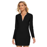 Black All-Over Print Women's Zip Front Tight Dress