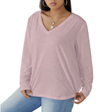 Pink All-Over Print Women's V-neck T-shirt With Curved Hem(Plus Size)