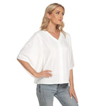 White All-Over Print Women's Bat Sleeve Light V-neck Front Buttoned Top