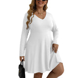 White All-Over Print Women's V-neck Long Sleeve Dress(Plus Size)