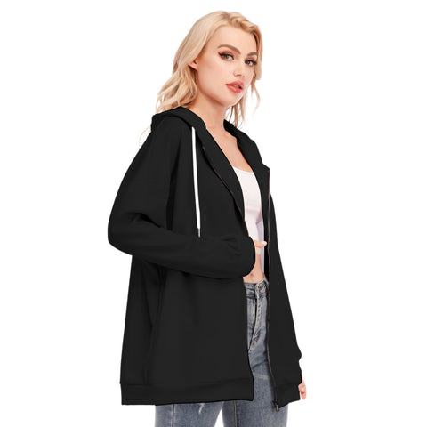 Black All-Over Print Women's Long Hoodie With Zipper Closure