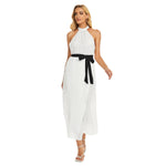 White All-Over Print Women's Wrap Hem Belted Halter Dress