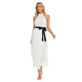 White All-Over Print Women's Wrap Hem Belted Halter Dress