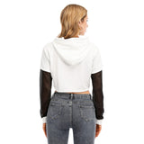 White All-Over Print Women's Fake Two-piece Mesh Sleeve Cropped Hoodie