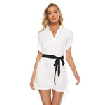 White All-Over Print Women's Stand-up Collar Casual Dress With Belt