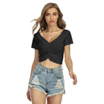 Black All-Over Print Women's Raglan Drawstring Front Crop Tee