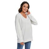 White All-Over Print Women's V-neck Imitation Knitted Sweater With Long Sleeve