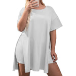 White All-Over Print Women's Drop-Shoulder T-Shirt with Side Split and Shorts (Plus Size)