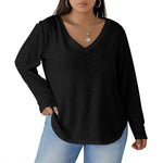 Black All-Over Print Women's V-neck T-shirt With Curved Hem(Plus Size)