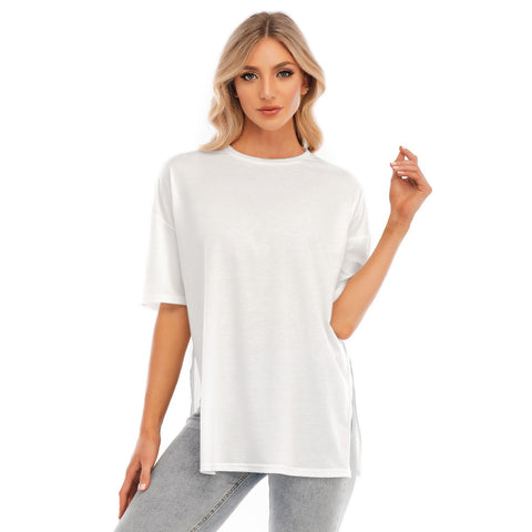 White All-Over Print Women's Short Sleeves T-shirt With Hem Split