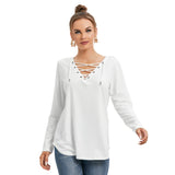 White All-Over Print Women's Long Sleeve Neckline Tie Sweatshirt