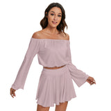 Pink All-Over Print Women's Off-shoulder Top And Skirt Set