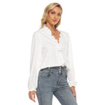 White All-Over Print Women's Pleated Collar V-neck Shirt