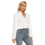 White All-Over Print Women's Pleated Collar V-neck Shirt