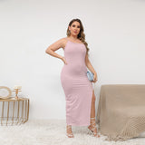 Pink All-Over Print Women's Oblique-Shoulder Exposure Dress With Side Split (Plus Size)