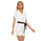 White All-Over Print Women's Stand-up Collar Casual Dress With Belt