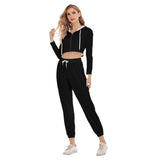 Black All-Over Print Women's Crop Hoodie Sports Sets