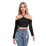 Black All-Over Print Women's Halter Lace-up Top