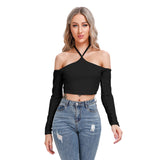 Black All-Over Print Women's Halter Lace-up Top