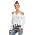 White All-Over Print Women’s V-neck Cold Shoulder Blouse With Long Sleeve