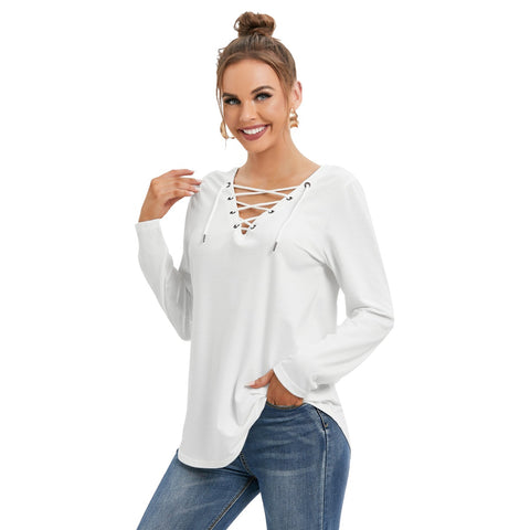 White All-Over Print Women's Long Sleeve Neckline Tie Sweatshirt