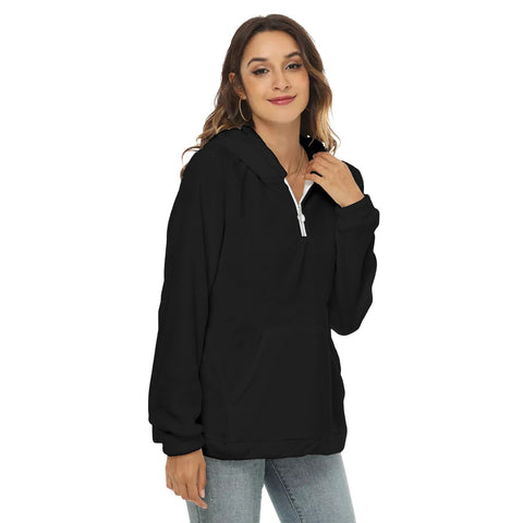 Black All-Over Print Women's Borg Fleece Hoodie With Half Zip