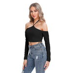 Black All-Over Print Women's Halter Lace-up Top