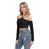 Black All-Over Print Women's Halter Lace-up Top