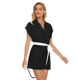 Black All-Over Print Women's Stand-up Collar Casual Dress With Belt