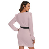 Pink All-Over Print Women's Long Sleeve Dress With Waist Belt