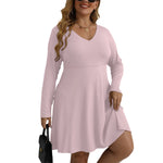 Pink All-Over Print Women's V-neck Long Sleeve Dress(Plus Size)