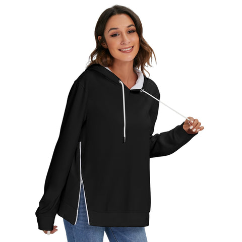 Black All-Over Print Women's Heavy Fleece Zip-on-the-Side Hoodie