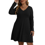 Black All-Over Print Women's V-neck Long Sleeve Dress(Plus Size)