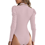 Pink All-Over Women's Turtleneck Bodysuit With Puff Sleeve