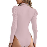 Pink All-Over Women's Turtleneck Bodysuit With Puff Sleeve