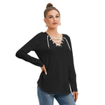 Black All-Over Print Women's Long Sleeve Neckline Tie Sweatshirt