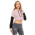 Pink All-Over Print Women's Fake Two-piece Mesh Sleeve Cropped Hoodie