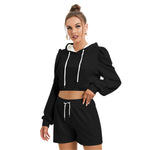 Black All-Over Print Women's Mirco Fleece Hoodie And Shorts Set