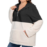 Black All-Over Print Women's Borg Fleece Hoodie With Half Zip (Plus Size)