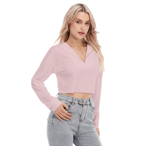 Pink All-Over Print Women's V-neck Lapel Long Sleeve Cropped T-shirt