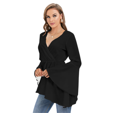 Black All-Over Print Women's V-neck Blouse With Flared Sleeves