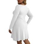 White All-Over Print Women's V-neck Long Sleeve Dress(Plus Size)