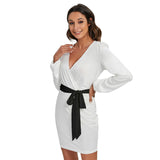 White All-Over Print Women's Long Sleeve Dress With Waist Belt