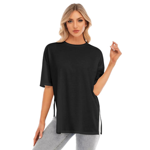 Black All-Over Print Women's Short Sleeves T-shirt With Hem Split