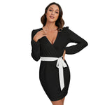 Black All-Over Print Women's Long Sleeve Dress With Waist Belt