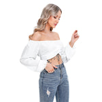 White All-Over Print Women's Cropped Tube Top With Long Sleeve