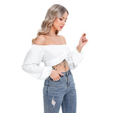 White All-Over Print Women's Cropped Tube Top With Long Sleeve