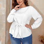 White All-Over Print Women's Round Neck Blouse With Waist Knot (Plus Size)