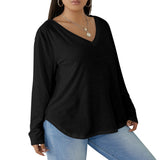 Black All-Over Print Women's V-neck T-shirt With Curved Hem(Plus Size)